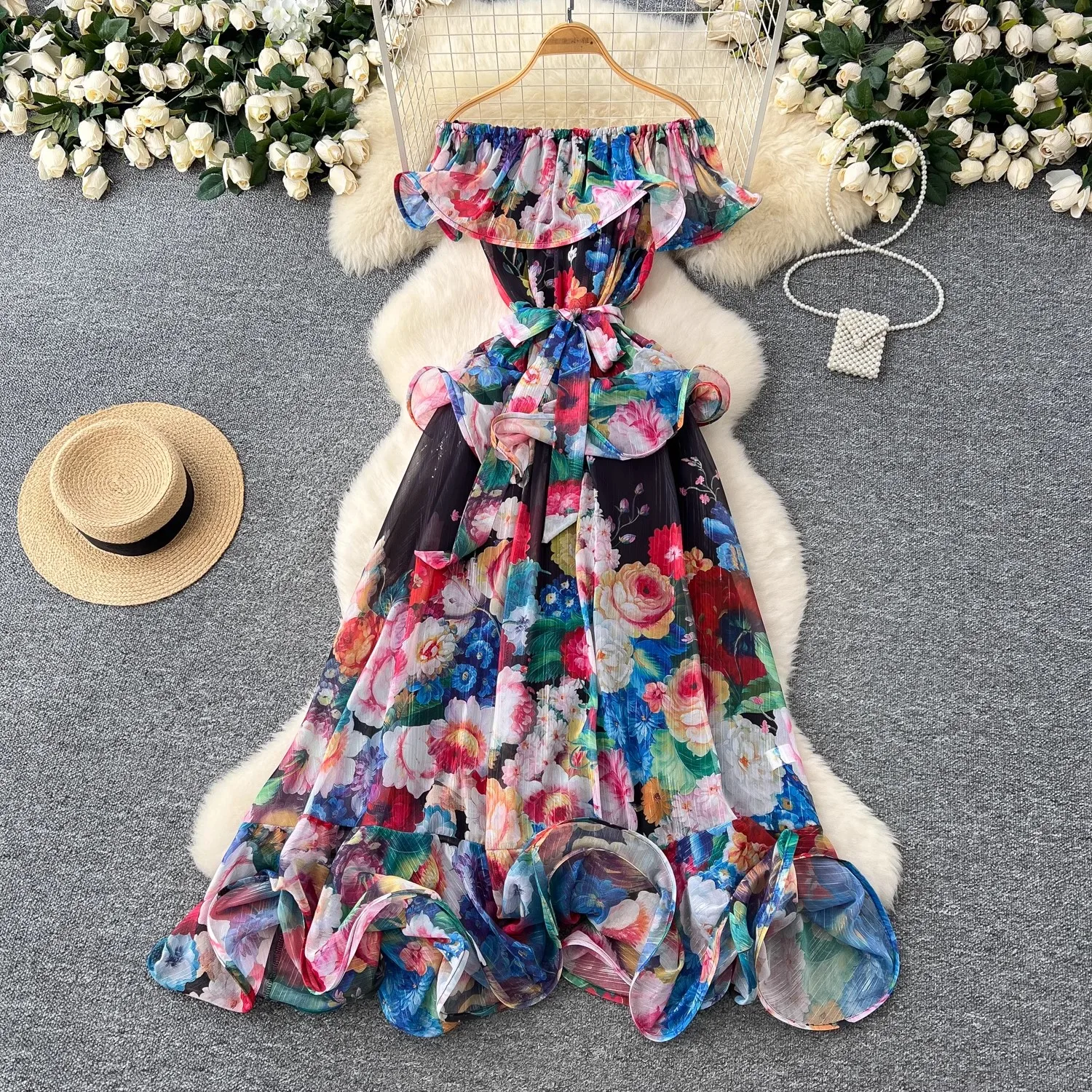 2025 Summer Bohemian Cascarding Cake Dress Women's Ruffles Off Shoulder Floral Print Lace Up Belt Holiday Loose Robes Vestidos