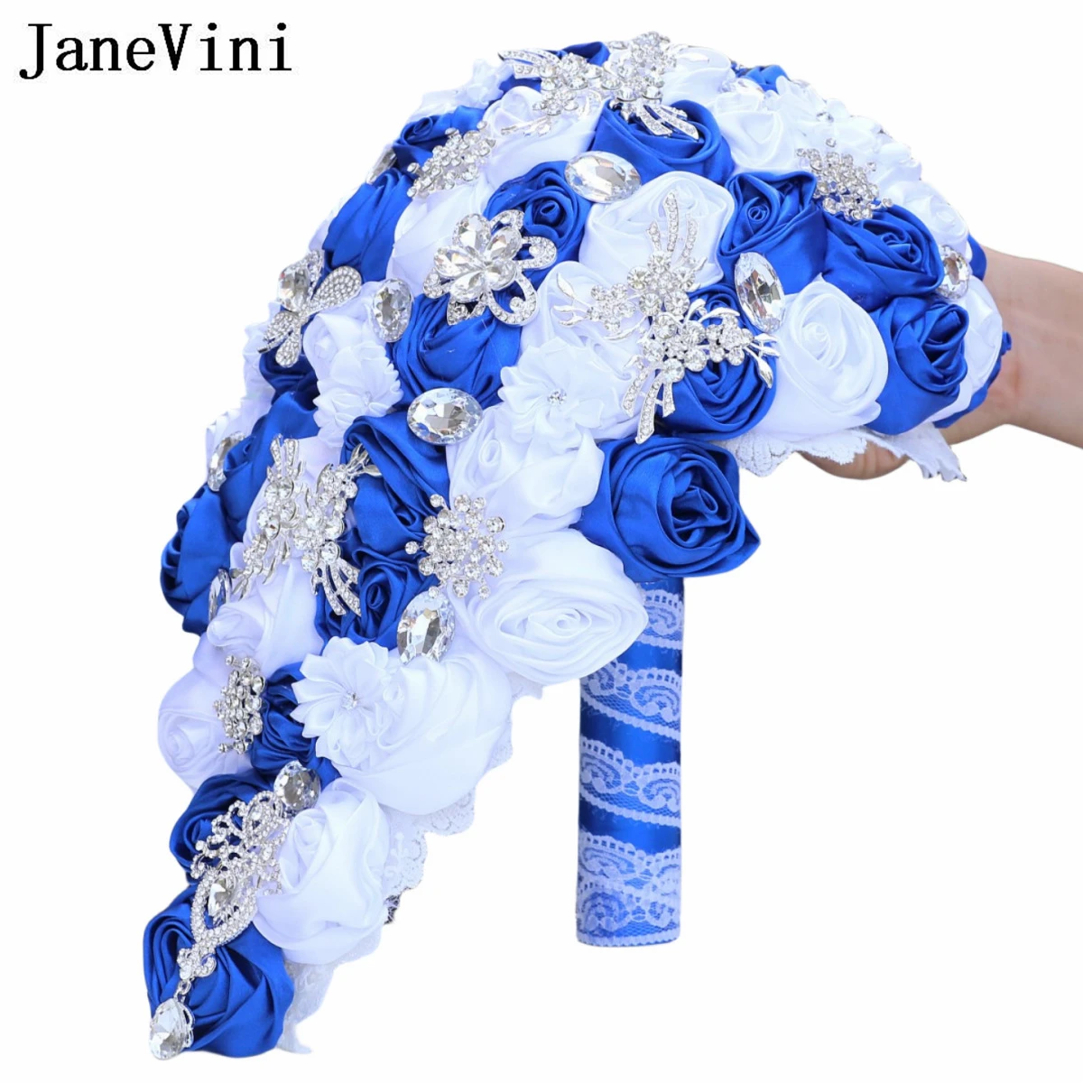 JaneVini New Silver Jewelry Cascading Bridal Bouquet Waterfall Wedding Bouquet Luxury Beaded Crystal Royal Blue and White Flower