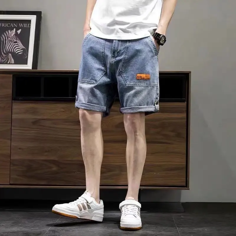 Summer Korean Version Youth Popular Denim Shorts Men Loose Fifth Pants Casual Large Size Elastic Waist Hole Elastic Outside Wear