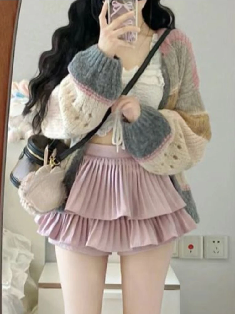 Winter Korean Sweet 3 Piece Set Women Warm Elegant Vintage Skirt Suit Colorful Knit Sweater + White Vest + Pink Mini Skirt 2024