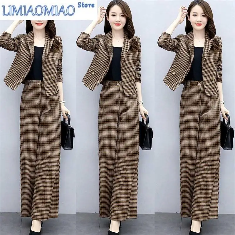 Women's New Long-Sleeved Ladies Temperament Thin Goddess Fan Wide-Leg Pants Plaid Professional Suit Lady Blazer Jacket Sets