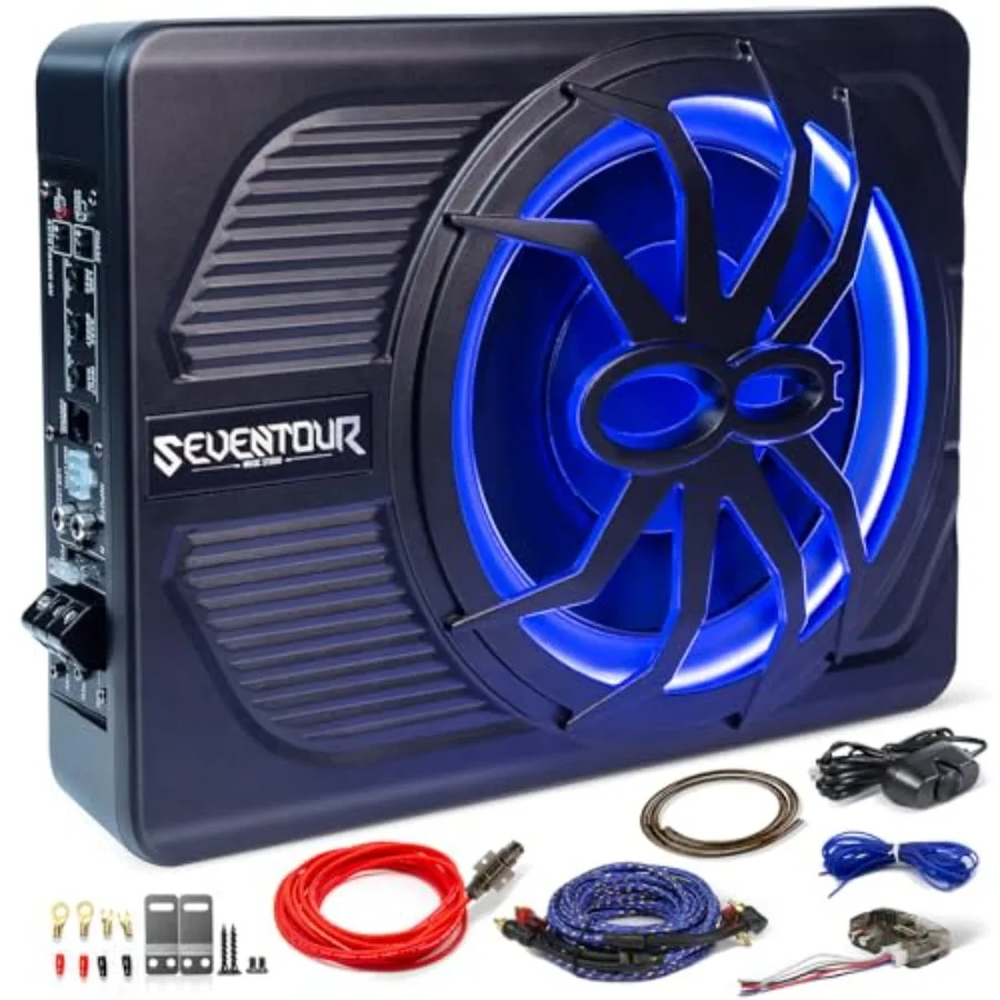 

Car audio subwoofer for under-seat installation, 10-inch slim design with 800W power, built-in amplifier, blue LED lighting, in