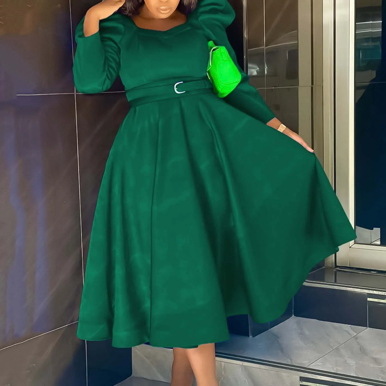 Vestido formal de negócios para mulheres, escritório profissional, elegante, decote em v, manga três quartos, cinto, cintura, meia panturrilha, traje de trabalho