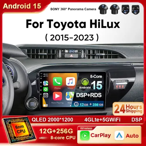 Imagen 1 del producto Android 15 Radio del coche para Toyota Hilux LHD 2015 2016 2017 2018 2020 2021 2022 2023 reproductor de vídeo GPS unidad principal inalámbrica Carplay