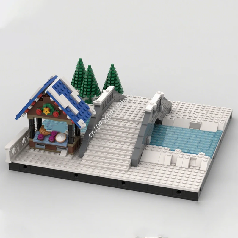 494pcs MOC Scenery Winter Village Brige Model Building blocks DIY Architecture creative toys Christmas gifts