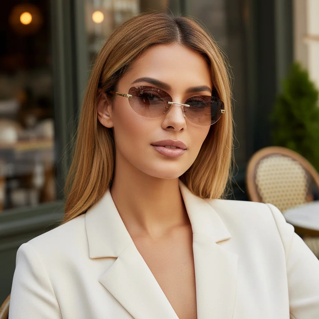 Neue rahmenlose Sonnenbrille aus Metall, modischer und persönlicher Stil, ovale Retro-Sonnenbrille, Ins-Shape-Modeling-Sonnenbrille für Frauen