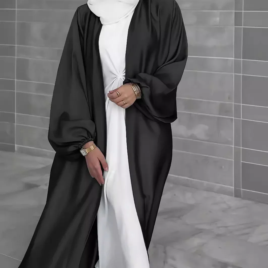 Muslim Women's Solid Color Puff Sleeve Robes in The Middle East Dubai, Elegant Cardigan Dress Garments. Dubai and Turkey Abaya