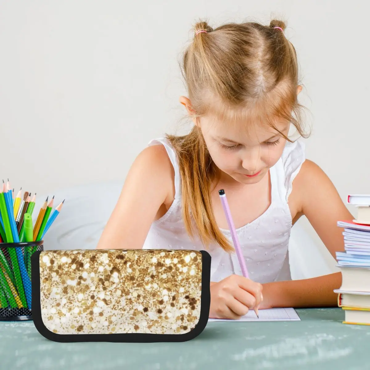 Sparkling Gold Glitter Glam Pencil Case for Studen School Pen Box Pencil Bag Stationery Supplies Pen Holder Bag