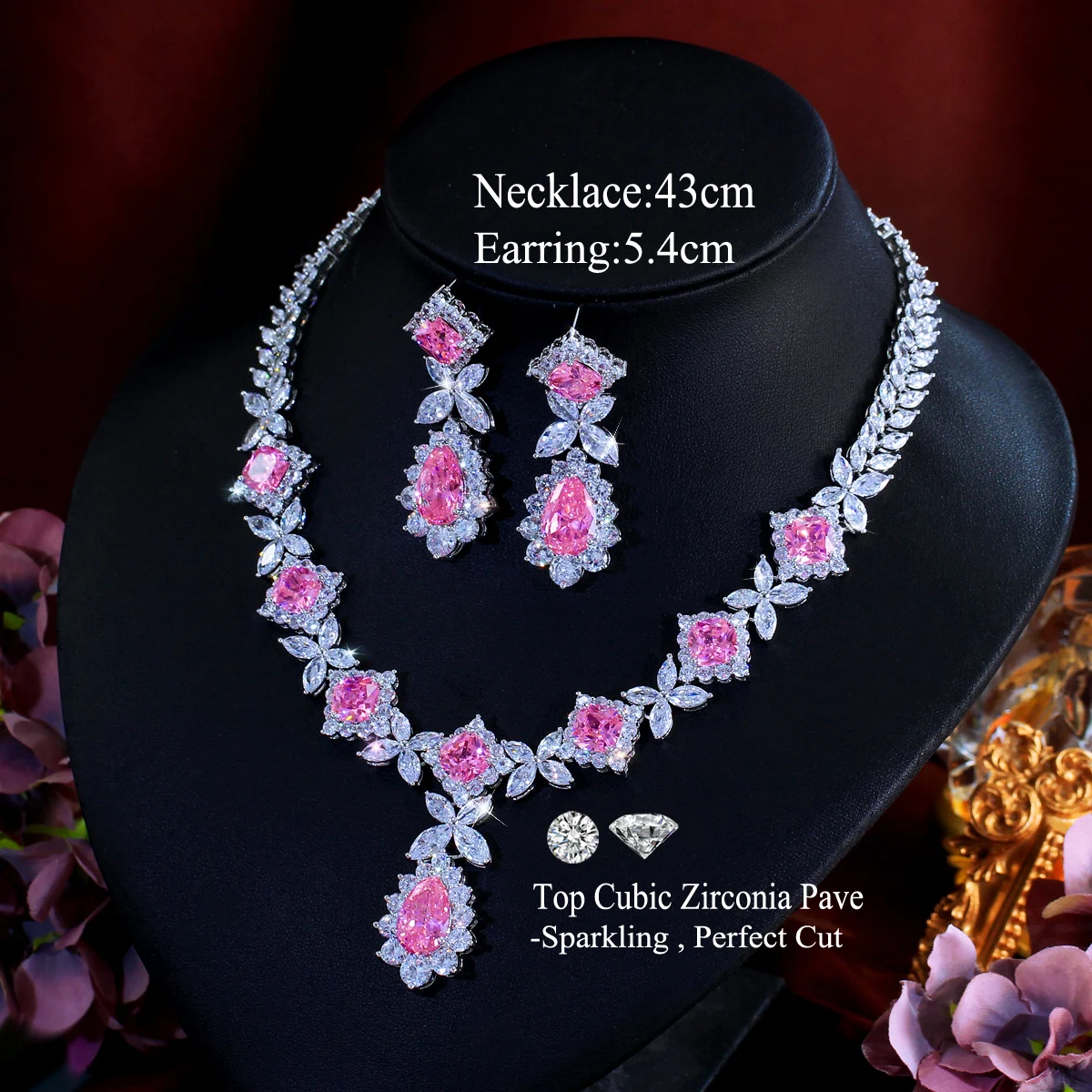 CWWZircons Super Gorgeous Flower Leaf Drop Pink Cubic Zirconia Wedding Bridal Necklace Earring Top Jewelry Sets for Women T0934 view 3