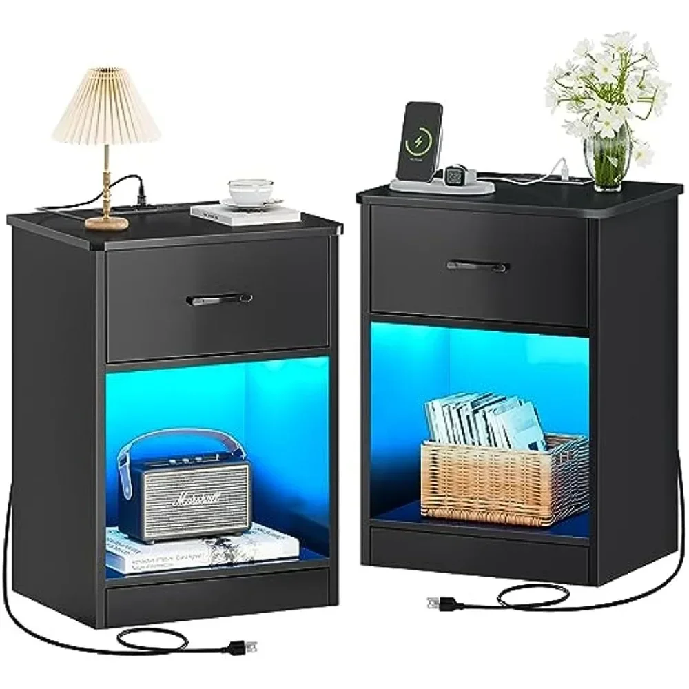 

Nightstands Set of 2, Night Stands with Charging Station & LED Light Strips, Bedside Tables with Drawer, Side Tables Bedroom