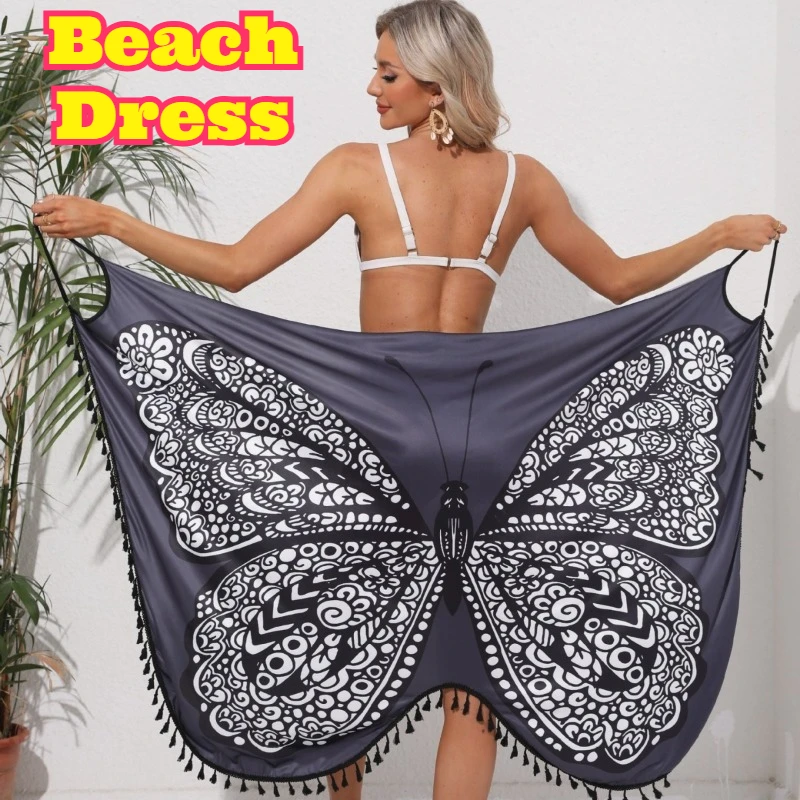 Women Butterfly Print Cami Beach Dress Vacation Sun Protection Backless Tie Knot Fairy Seaside Outfit Breathable Lightweight New
