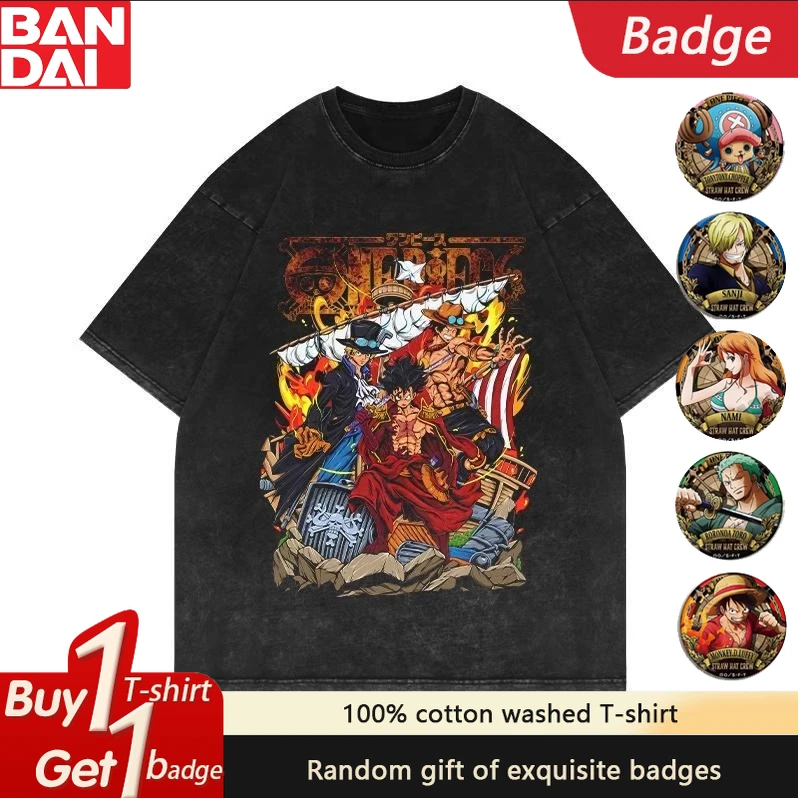 

Japanese Anime One Piece Peripheral Washed T-shirt Summer New Men's and Women's Plus Size Retro Loose Casual Short Sleeved Top
