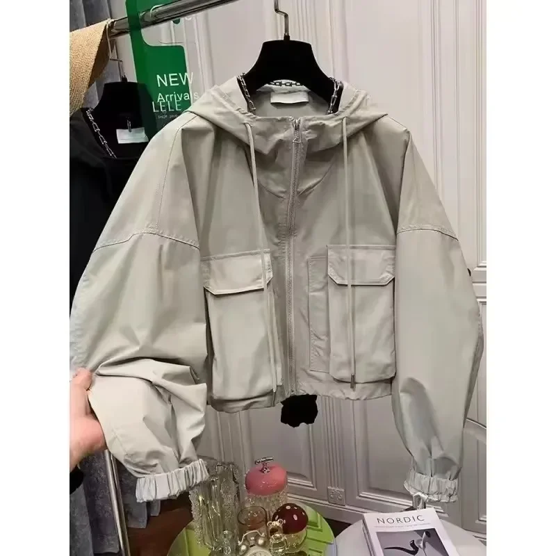 New Trendy Women Jacket Windbreaker Hooded Zip-up Coat Autumn Vintage Outwear Korean Harajuku Cropped Basic Coat Streetwear