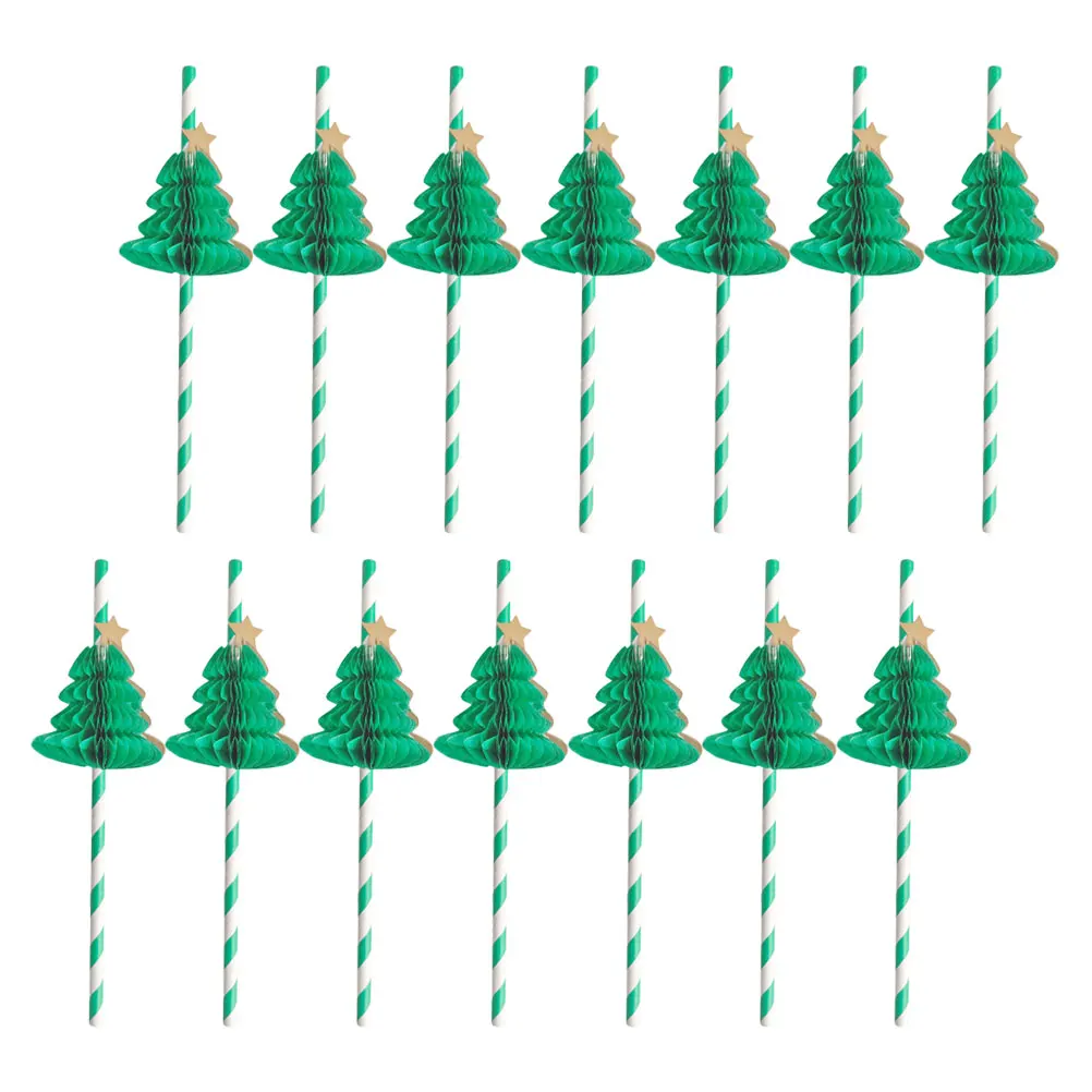 

50pcs Green Christmas Tree Honeycomb Paper Straws for Party Decoration Disposable Drinking Xmas Supplies Bar Use Straw Kitchen
