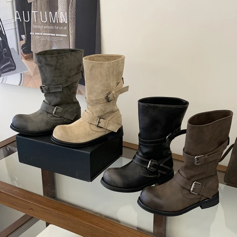Eilyken Punk Style Round Toe Women Ankle Boots Autumn Winter Fashion Design Buckle Strap Square Low Heels Shoes