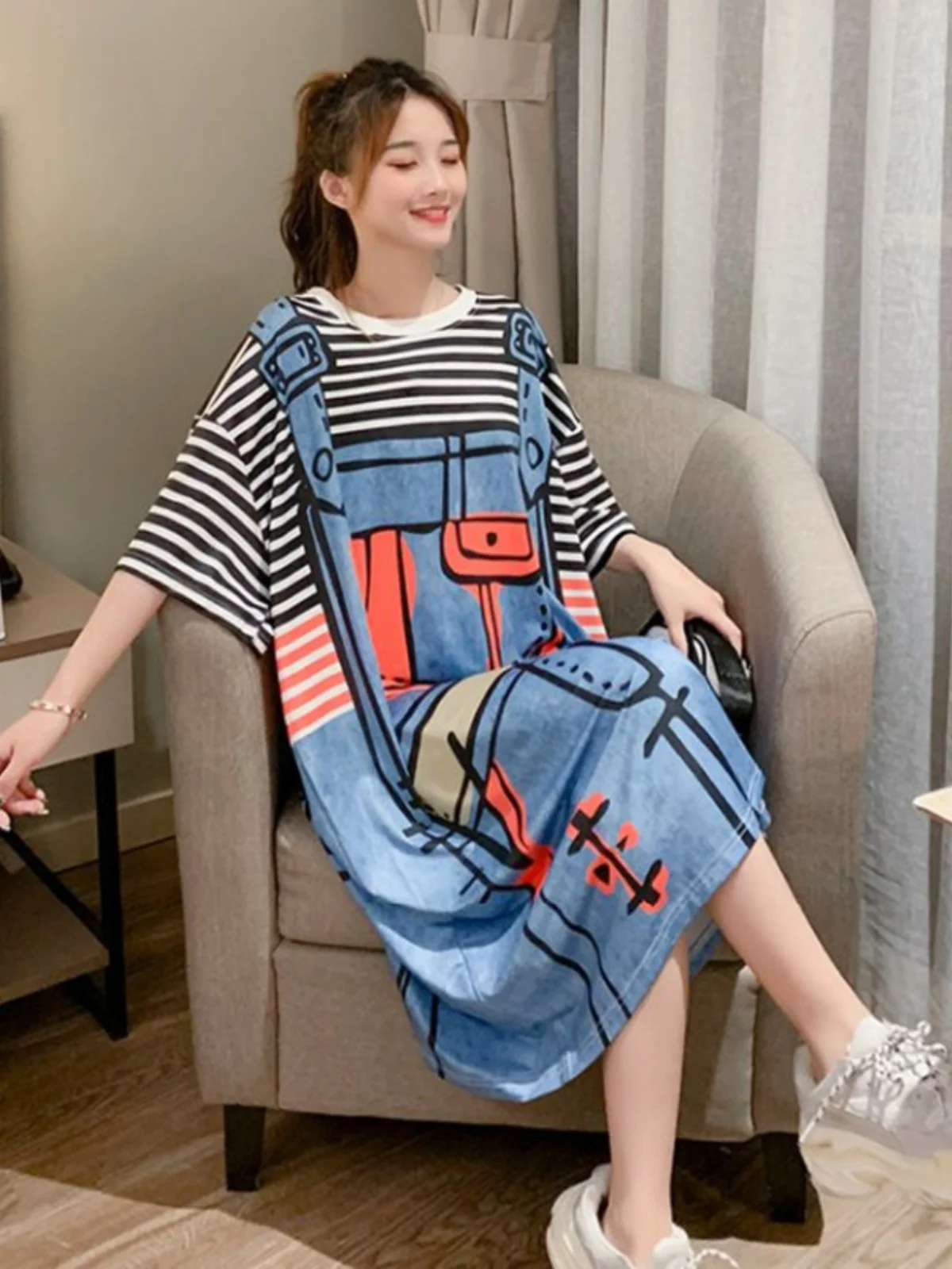 

Summer Korean Sle Casual Cartoon Stripes Midi Dr plus Size Women's T-irt Dr Flattering Loose Fit for Heavy Girls