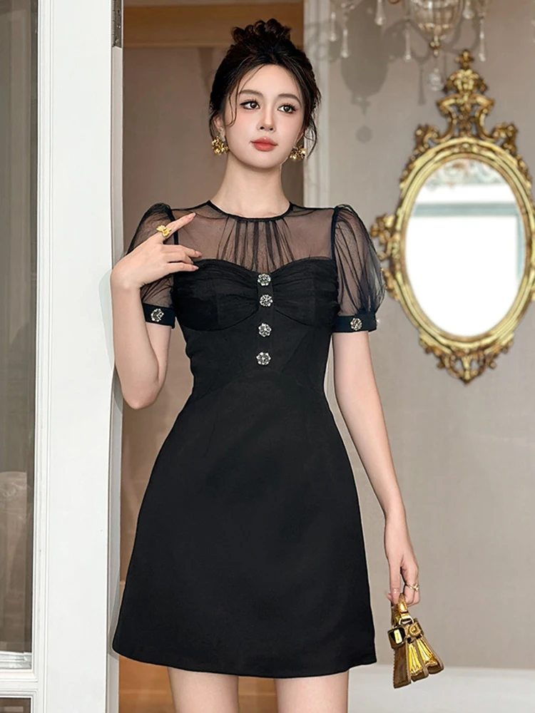 Fashion Elegant Black Short Dress for Women Sexy Chic See Through Mesh Splice Single Breasted Mini Gown Lady Party Daily Vestido