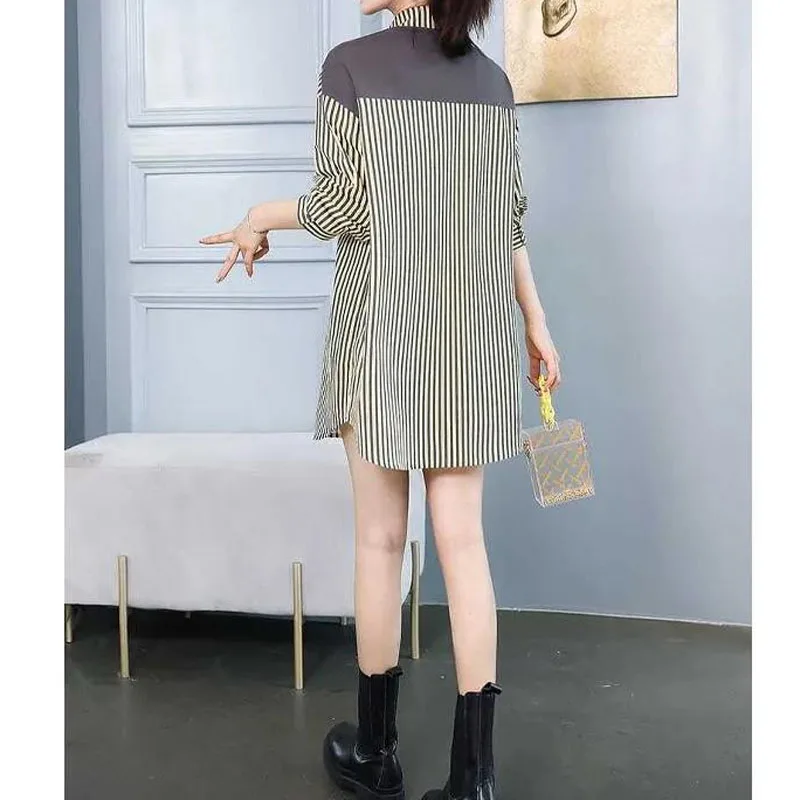 Korean Shawl Spliced Casual Striped Shirt 2023 Fashion Loose Fake Two Pieces Women\'s Turn-down Collar Button Long Sleeve Blouses