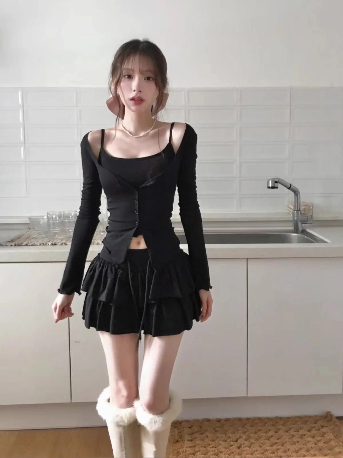 Unique SEI Korean Sle Long Sve Wrap Cardigan Top Women's Faion Wooden  Design Slimming Two-Piece Set Commute Sle