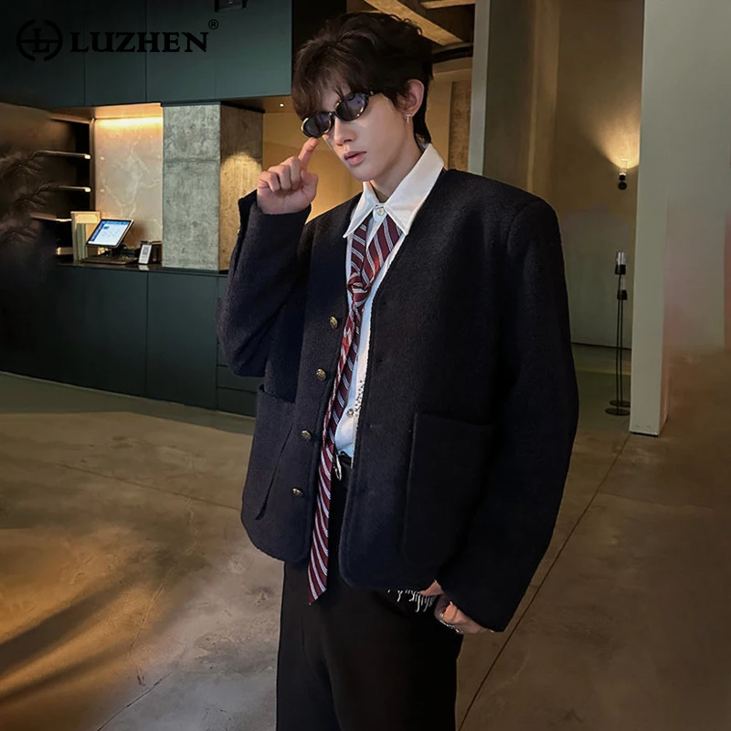 

LUZHEN 2025 New Stylish High Quality Buttoned V Neck Woolen Blazer Jacket Men's Fashion Elegant Temperament Casual Coat JY5311