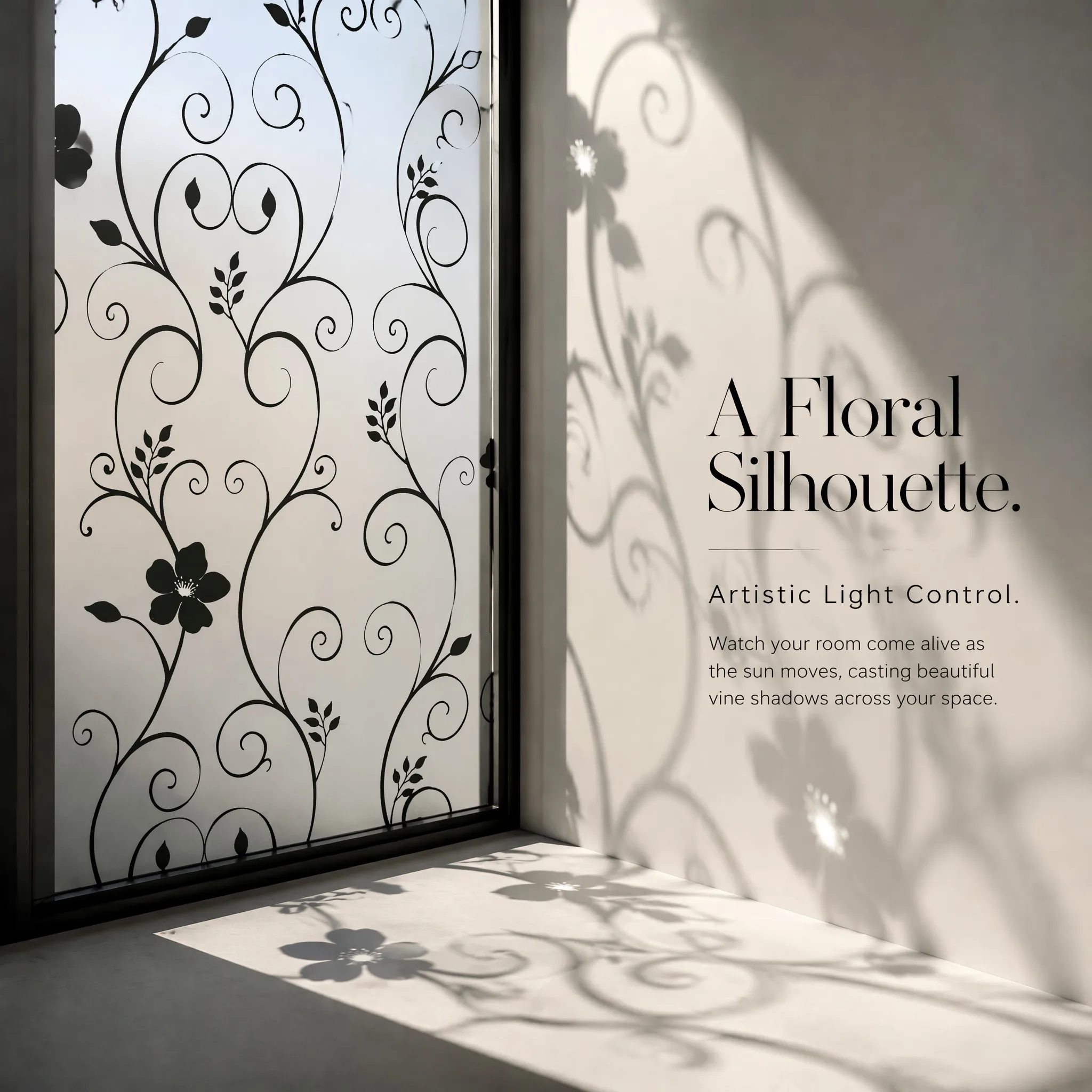 Vintage Black Curly Vine Floral Self-Adhesive Frosted Window Film Anti-Scratch Matte UV Block Soft Light Diffusion Removable