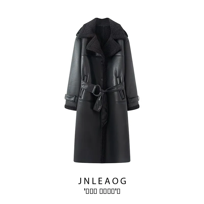 

JNLEAOG, осеннее новое женское пальто с воротником из искусственного меха, теплое длинное пальто из натуральной кожи, Sli Busin, повседневное свободное пальто из искусственной кожи