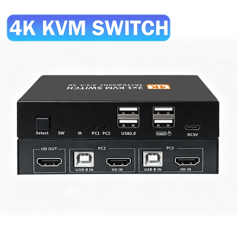 4K@60Hz HDMI KVM Switch 2 in 1 out with 4XUSB Hub HDMI USB KVM Selector Switcher for 2 PC Share 1 Monitor Keyboard Mouse Printer