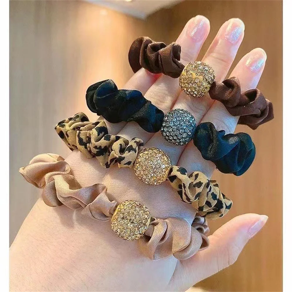 Fashion Crystal Rhinestone Hair Rope Elastic Cloth Leopard Print Large Intestine Hair Ring Women Girl Rough Ponytail Headwear