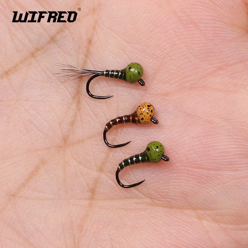 Wifreo 6pcs 20# Olive Brown Mottled Offset Tungsten Bead Nymph Fly Barbless Insect Lure Fast Sinking Trout Salmon Fishing Flies