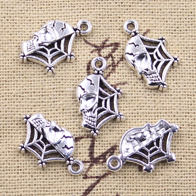 20pcs Charms Halloween Skull Skeleton Spider Cobweb 19x12mm Antique Silver Color Pendants Making DIY Handmade Tibetan Finding