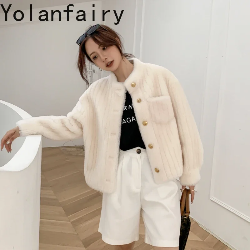 YOLANFAIRY Shearling Coat Real Fur Coat Womens New in Outwears Women Clothes Winter Stand Collar Coats Fashion Пальто Женское