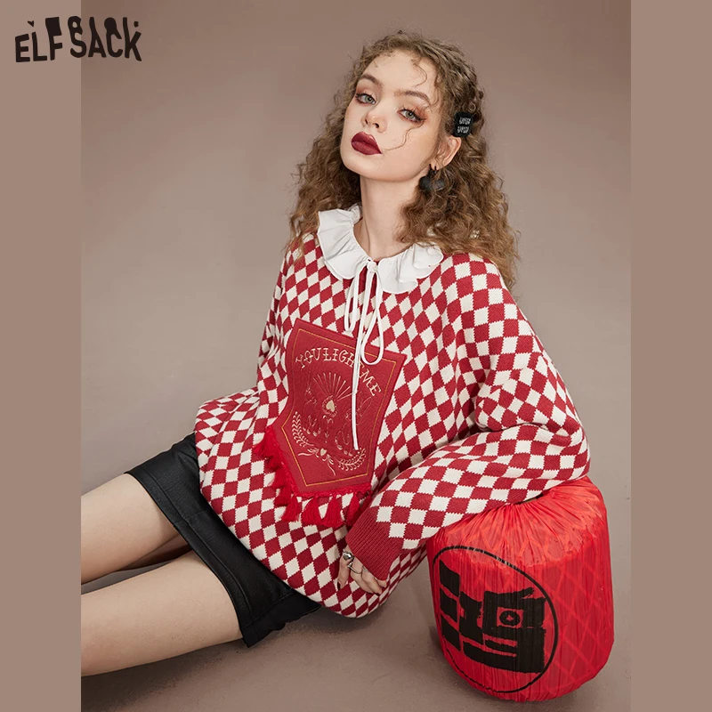 ELFSACK Red Plaid Pullover Sweaters Women 2023 Spring Loose Basic Daily Tops