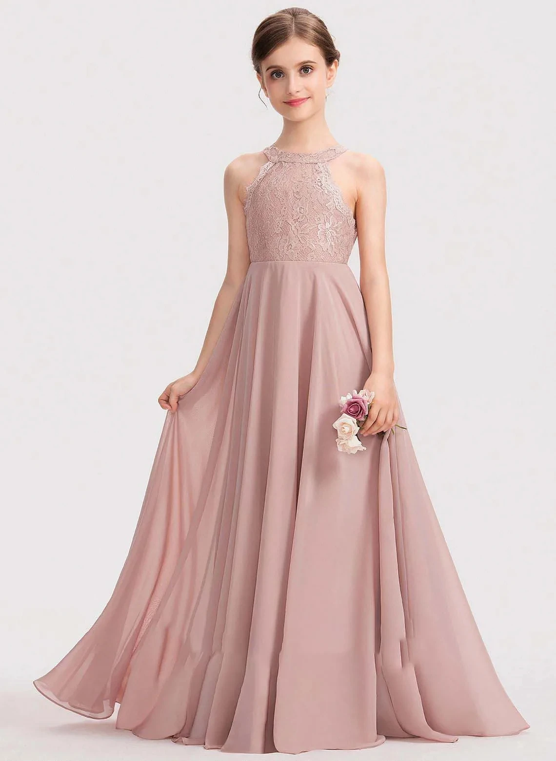 

A Line Scoop Floor Length Chiffon Lace Junior Bridesmaid Dress Evening Dress New Elegant Banquet Gowns