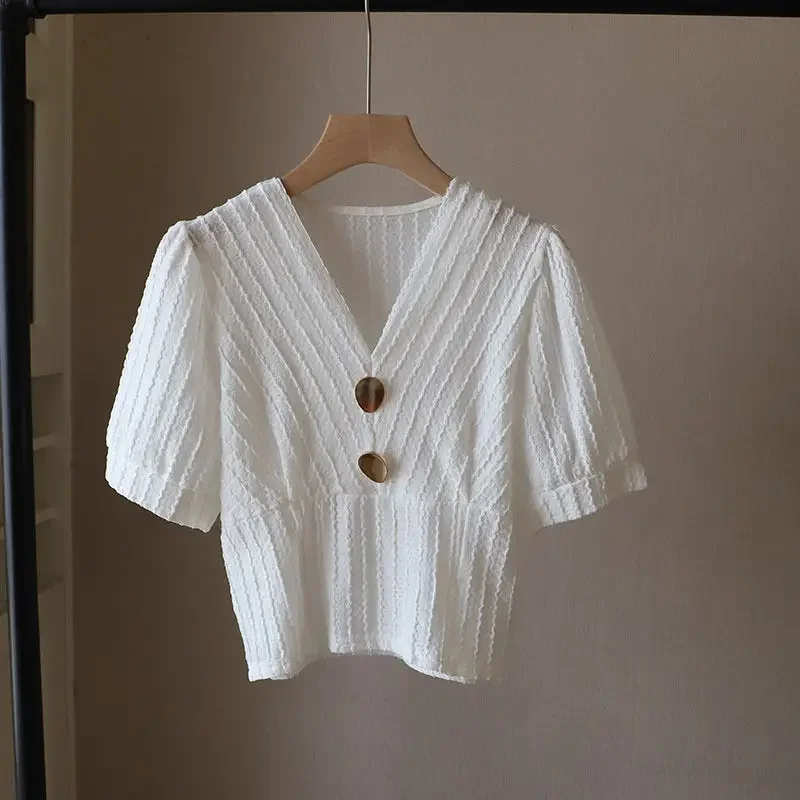 

Blouses Women V-neck Chic Tender Summer All-match Soft Casual Korean Style Blusas De Mujer Popular Ins New Arrival Ladies Sweet