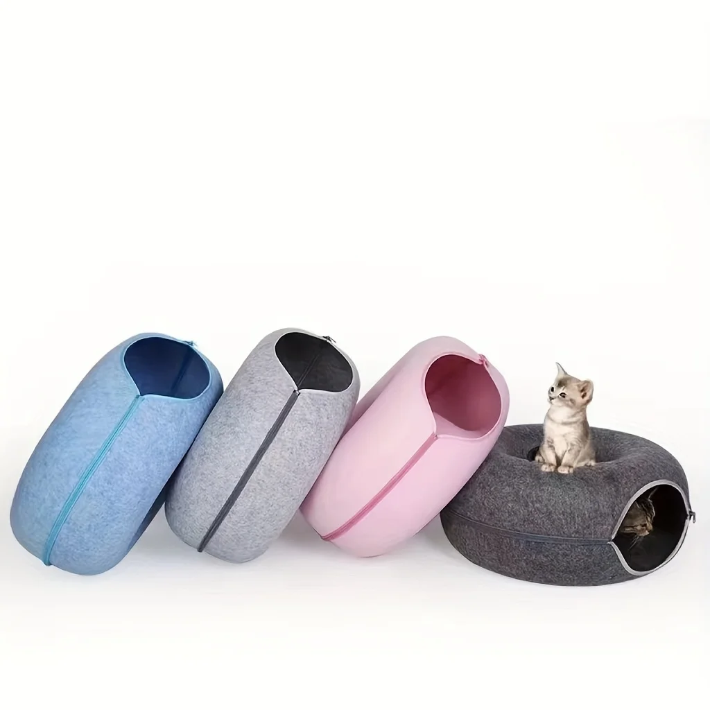 1pc Felt Tunnel Cat Nest with Kitten Window, Cat Donut Tunnel, Detachable Round Cat Bed, All-season  Washable Dog Beds  Kitten