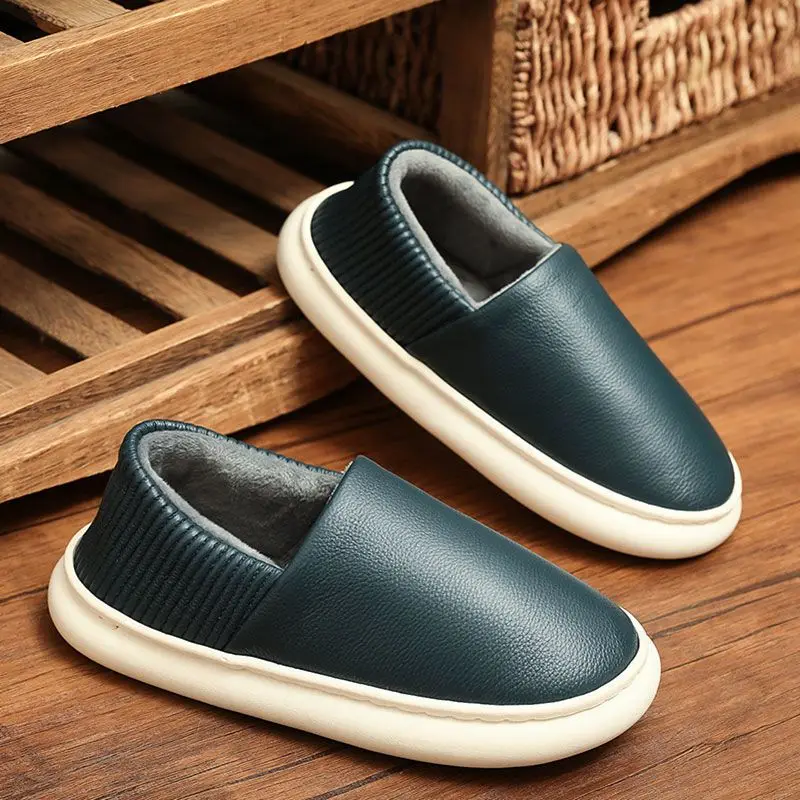 

Men's Genuine Leather Slippers Autumn Winter Warmth Furry Non Slip Soft Sole Indoor Home Use Comfortable Shoes for Unisex