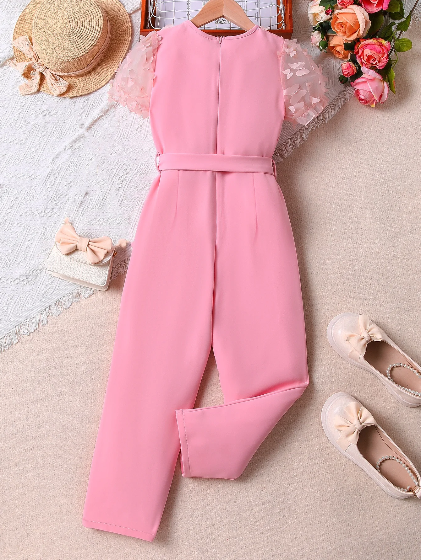 Sweet and cute round neck pink butterfly mesh bubble sleeve bow waist pull-in romper girls summer