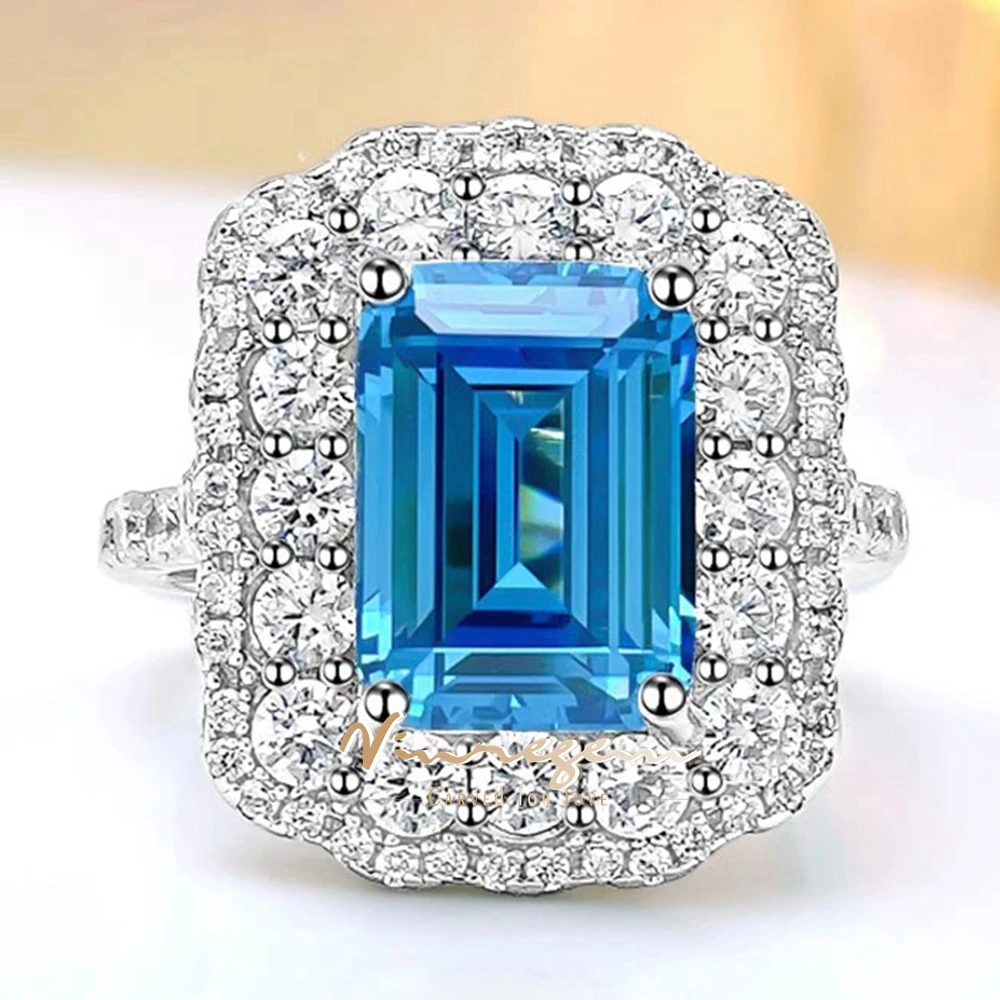 Vinregem 8*10MM 4Carat Emerald Cut Aquamarine High Carbon Diamond Gemstone 100% 925 Sterling Silver Engagement Ring Fine Jewelry