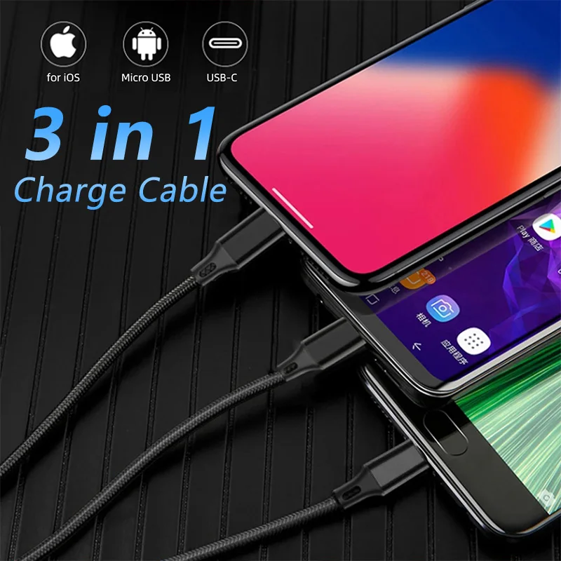 3 In 1 Micro USB Type C Fast Charging Cable Quick Charge MultiPort Micro Cable For iPhone 16 15 14 XS Xiaomi Samsung USB C Cable