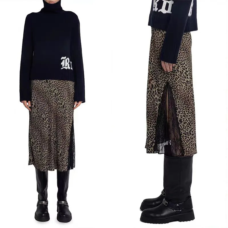 

【Gift Free】2025 Autumn Winter French Niche Chic Leopard Print Side Lace-Trim Split Midi Skirt for Women