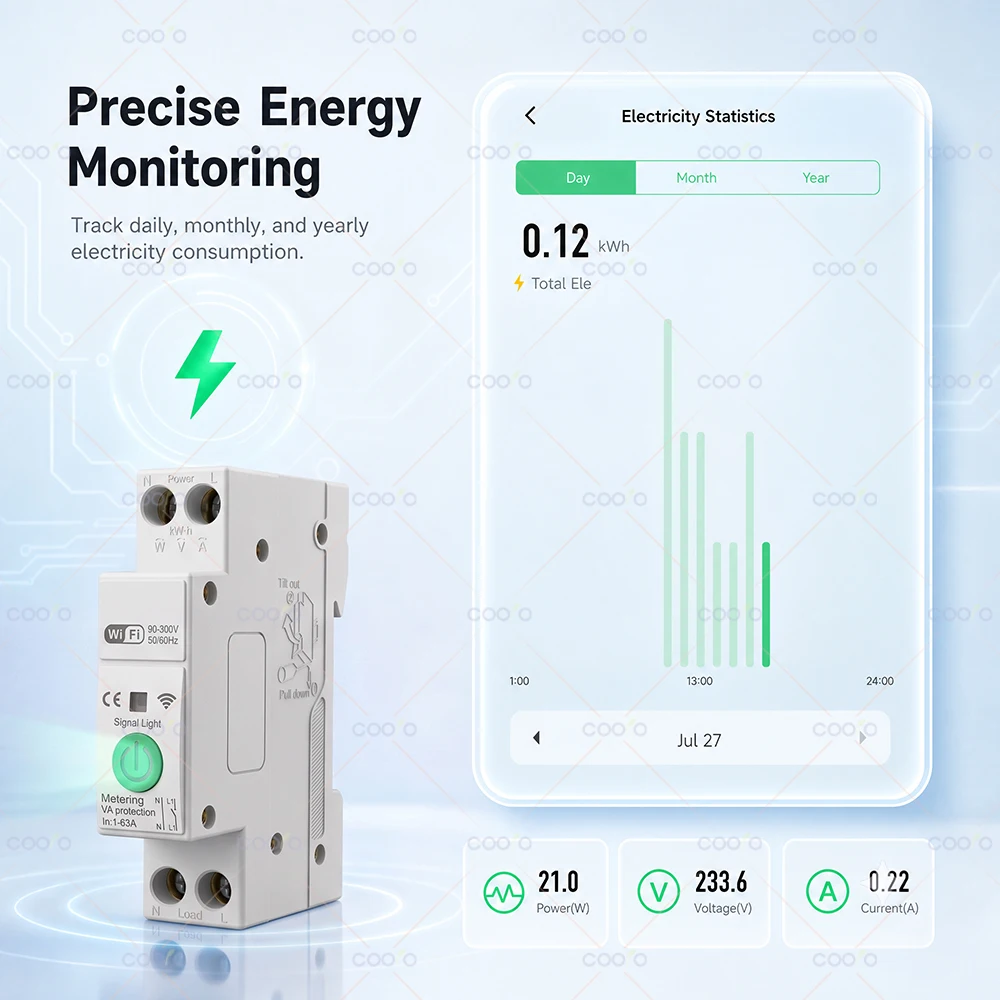 Tuya WiFi Smart Circuit Breaker MCB 1P+N 63A Timer Power Energy kWh Voltage Current Meter Protector Voice Remote Control Switch