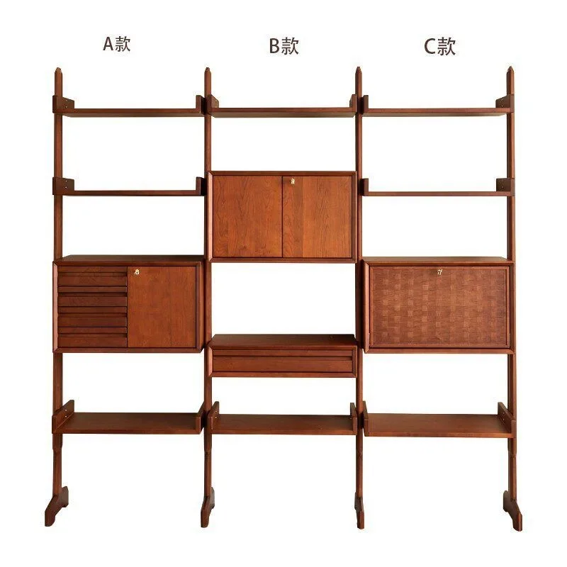 Medieval all-solid wood wall cabinet system, retro designer cherry wood bookcase combination, teak color display shelf