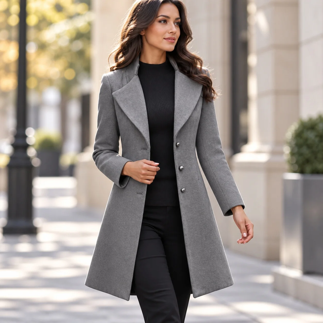 Slim Fit Long Sleeves Coat with Notched Lapel Mid Length Three Button Closure Elegant Women Coat Spring Graceful Elegance