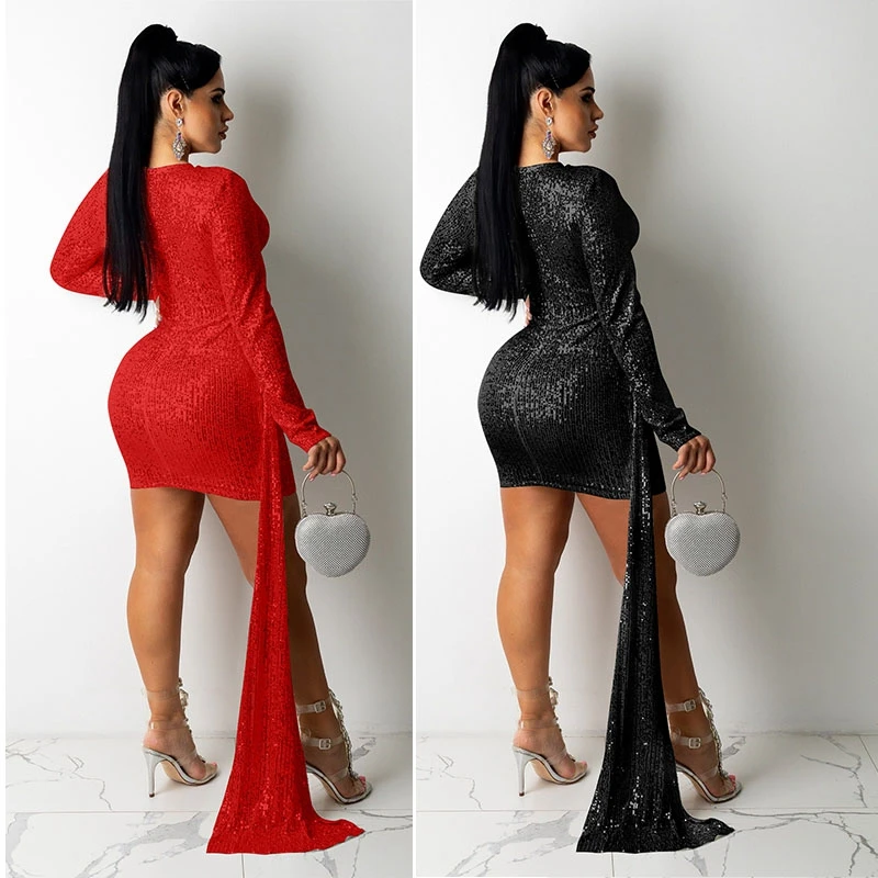 Sexy Black Sequin Dress Women Long Sleeve Cut Out Bodycon Mini Short Sparkly Elegant Evening Dresses for Women 2022 Party Club