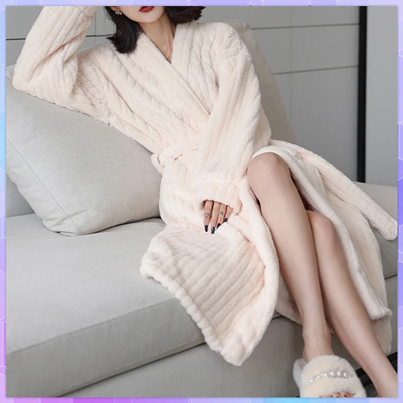 

Winter Warm Women's Pajama Coral Fleece Pajamas Sleepwear Long Sleeve Shower Robe Kimono Gown Bathrobe Nightwear Homewear