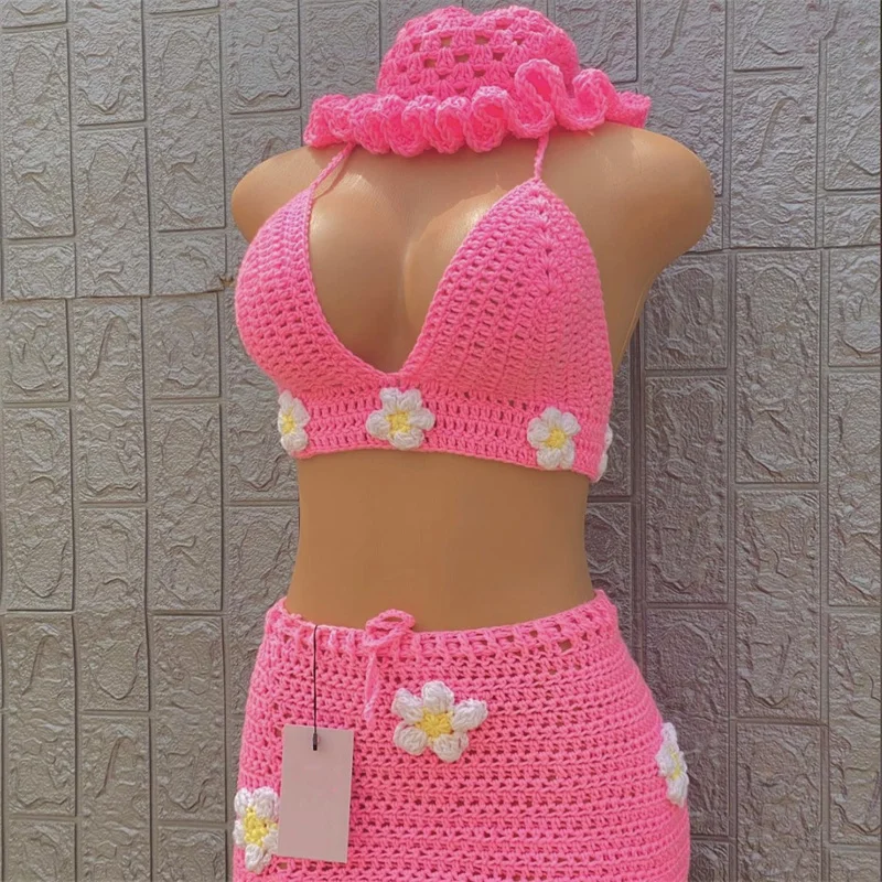 2 pieces Woman Bikini Set Crochet smock Top Sexy Thong Bottom See-Through Hollow Out Bandage High Waist Short Beach Skirt