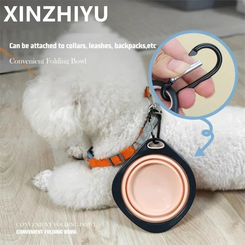 Portable Folding Pet Food Bowl Cat Dog Silicone Collapsible Feeder Bowl Travel Outdoor Puppy Water Container With Hook 320ml