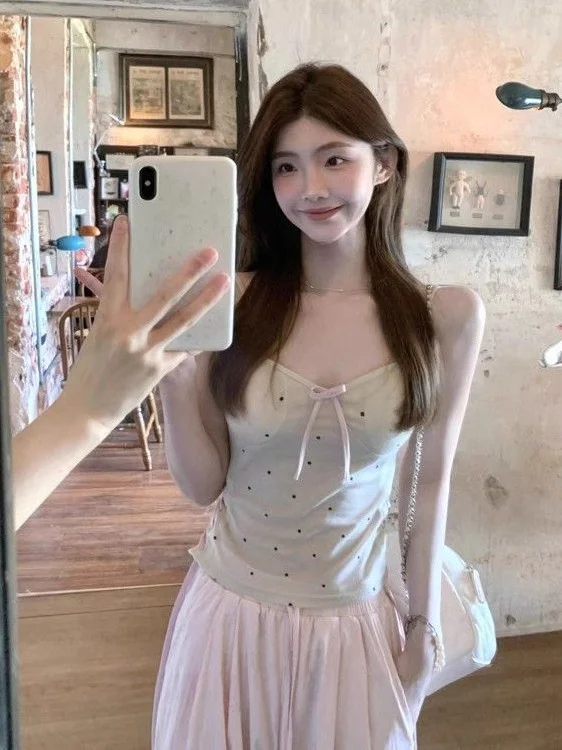 

plus Size Women's Summer Knot Polka Dot Tank Top Korean Style Design Slimming Short Sleeve V-Neck Casual Wear