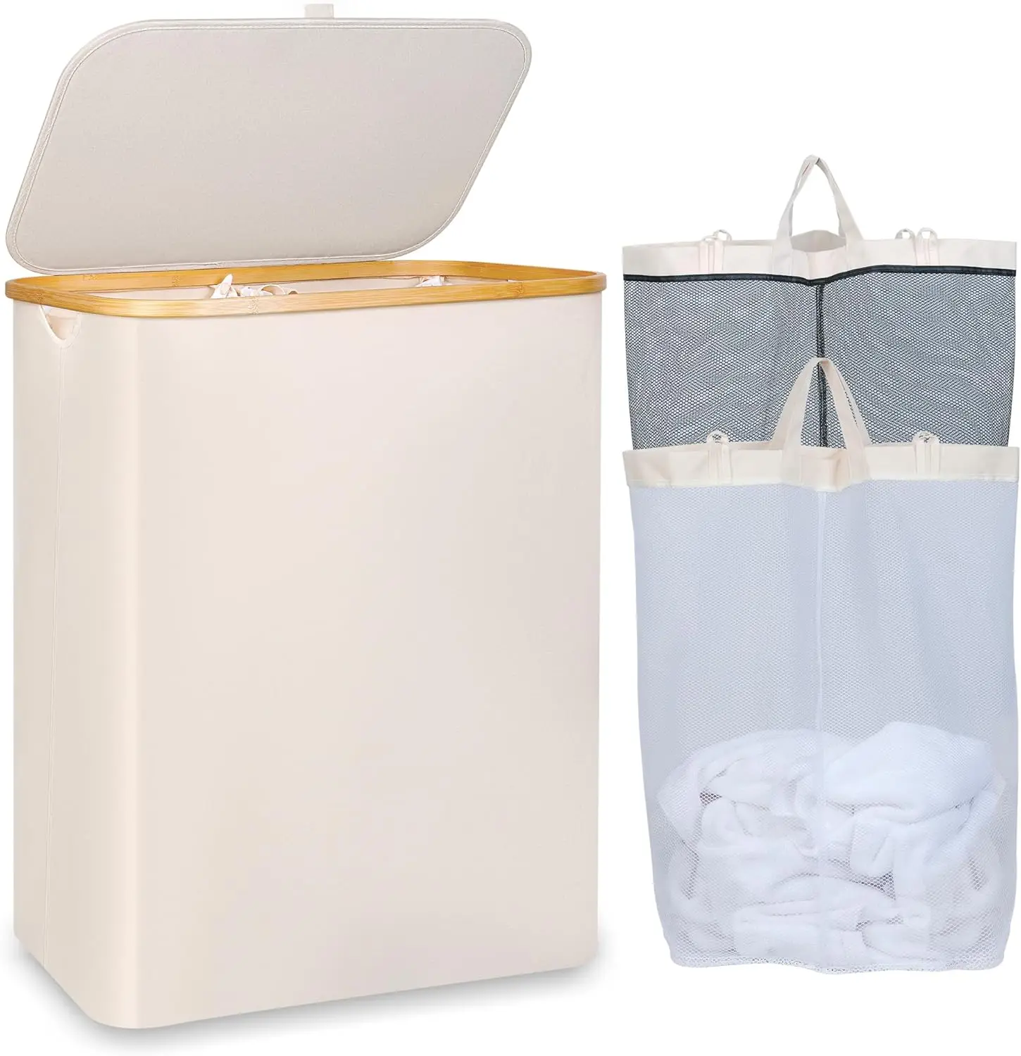 

150L Collapsible Laundry Basket with Lid, Bamboo Handle & 2 Removable Bags for Clothes Toys Towels - Beige