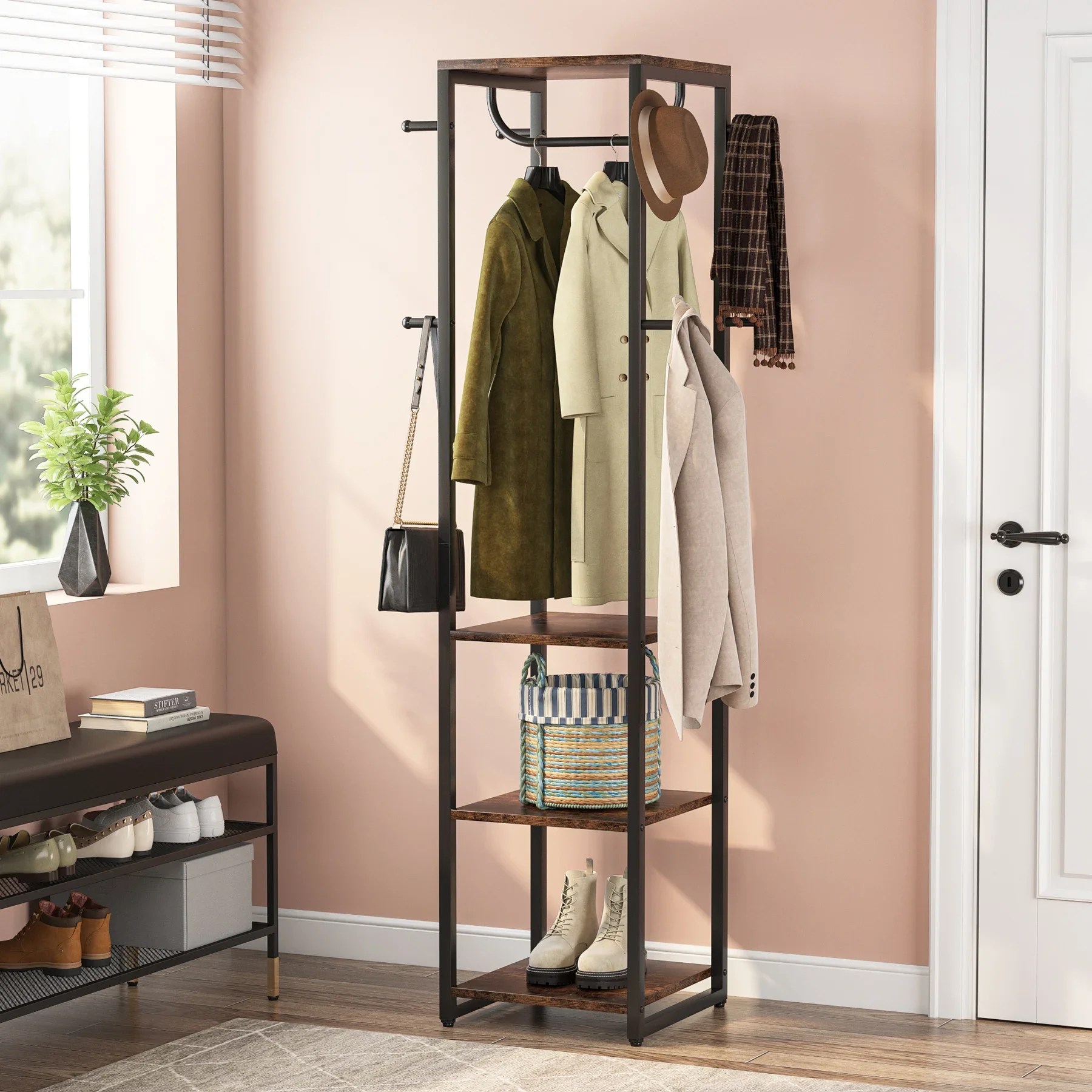 

Tribesigns Coat Rack Freestanding Corner Hall Tree with 4 Shelves 8 Hooks